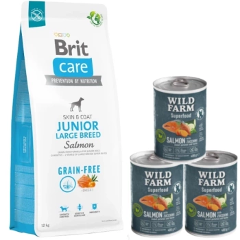 BRIT CARE Dog Grain-free Junior Large Breed Salmon 12kg +Wild Farm Superfood Salmon 3x400g