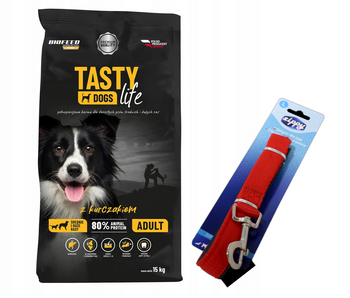 Tasty Dogs Life τροφή για σκύλους με κοτόπουλο 15 kg (μεσαίες και μεγάλες φυλές) + Zippy λουρί σκύλου, κόκκινο