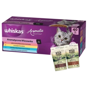 WHISKAS Adult σακουλάκια Αρωματική Μείξη 40 x 85 g - υγρή τροφή για γάτες + 2x50g Wild Farm λιχουδιά για γάτες