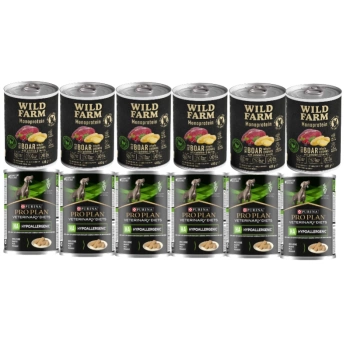 PRO PLAN Veterinary Diets HA Hypoallergenic Υγρή τροφή για σκύλους 6x400g + Wild Farm Monoprotein Wild Boar 6x400g υποαλλεργική τροφή για σκύλους