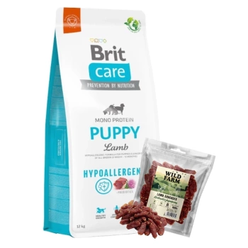 BRIT CARE Hypoallergenic Puppy Lamb 12kg + WILD FARM λουκάνικα αρνιού 500g λιχουδιές για σκύλους