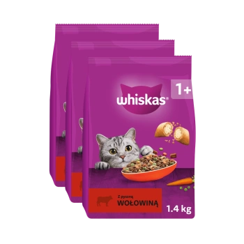 WHISKAS Adult 3x1,4 kg - πλήρης ξηρά τροφή για ενήλικες γάτες, με νόστιμο βοδινό κρέας