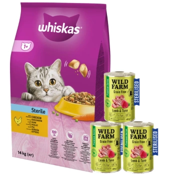 WHISKAS Dry Cat Food 1+ Sterile με κοτόπουλο 14kg + WILD FARM Premium Grain Free Lamb and Tuna 3x400g - τροφή χωρίς σιτηρά για αποστειρωμένες γάτες