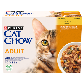 PURINA Cat Chow Τροφή για ενήλικες γάτες με κοτόπουλο και κολοκυθάκια σε ζελέ 10x85 g