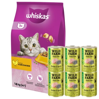 WHISKAS Karma Sucha Dla Kota 1+ Z Kurczakiem 14kg + WILD FARM Premium Grain Free Chicken and Sprats 6x400g