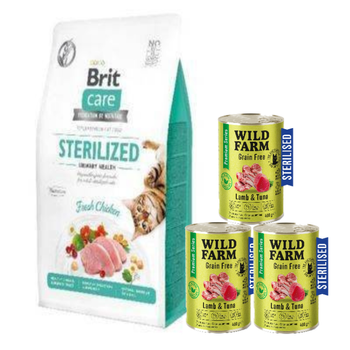 Brit Care Cat Grain-Free Sterilised Urinary Health With Chicken 7kg + WILD FARM Premium Grain Free Lamb and Tuna 3x400g - τροφή χωρίς σιτηρά για αποστειρωμένες γάτες