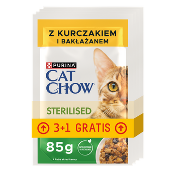 CAT CHOW Αποστειρωμένη τροφή για γάτες με κοτόπουλο και μελιτζάνα σε σάλτσα 4x85g (3+1 ΔΩΡΕΑΝ)