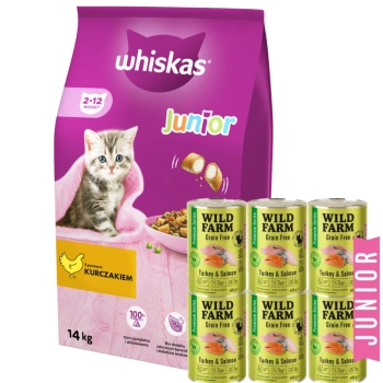 WHISKAS Ξηρά τροφή για γατάκια Junior με κοτόπουλο 14kg + WILD FARM Premium χωρίς σιτηρά γαλοπούλα και σολομός Junior 6x400g