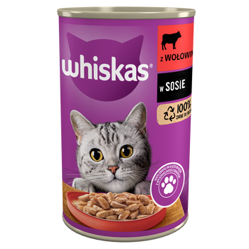 WHISKAS Υγρή τροφή για γάτες 1+ με μοσχάρι σε σάλτσα 24x400g