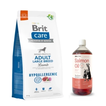 BRIT CARE Dog Hypoallergenic Adult Large Breed Lamb 12kg + Lab-V 100% Salmon Oil για σκύλους και γάτες όλων των ηλικιών 1000ml Cold Pressed