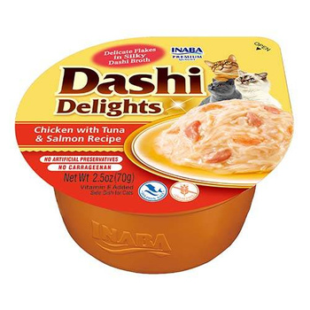 Συμπληρωματική τροφή για γάτες Inaba DASHI - ζωμός με γεύση κοτόπουλο, τόνο και σολομό 70 g