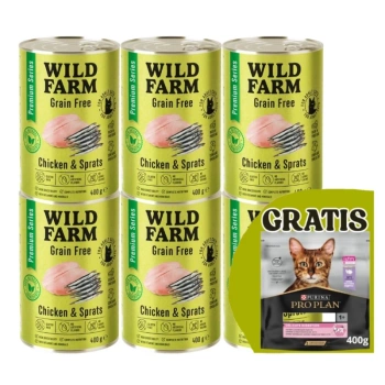 WILD FARM Premium Grain Free Chicken and Sprats 6X400g - τροφή για γάτες χωρίς σιτηρά + PRO PLAN τροφή για ενήλικες γάτες 400g - τυχαία αποστολή