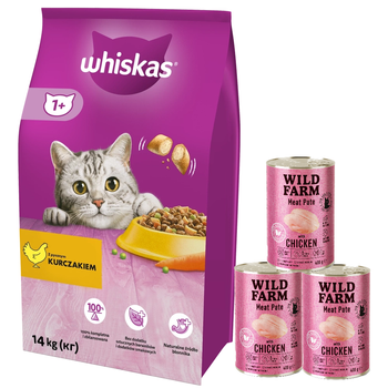 WHISKAS Ξηρά τροφή για γάτες 1+ με κοτόπουλο 14kg + WILD FARM Pate csirkével 3x400g
