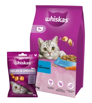 Ξηρά τροφή για γάτες WHISKAS 1+ με τόνο 14kg + WHISKAS Χαλάρωση και χαλάρωση 45g - μια λιχουδιά για γάτες, με κοτόπουλο