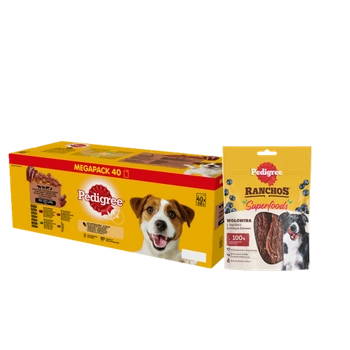 PEDIGREE φακελάκι για ενήλικες 40x100 g - Mix of Flavors in Jelly - πλήρης υγρή τροφή σε ζελέ για ενήλικους σκύλους + PEDIGREE® Ranchos™ Superfood 70g Gratis