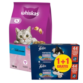 WHISKAS Ξηρά τροφή για γάτες 1+ Με τόνο 14kg+ Felix σε ζελέ φακελάκι MEAT MIX 44x85g 1 +1 ΔΩΡΟ