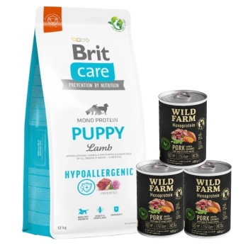 BRIT CARE Hypoallergenic Puppy Lamb 12kg + Wild Farm Monoprotein Pork 3x400g υποαλλεργική τροφή για σκύλους