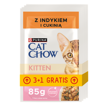 CAT CHOW Γατοτροφή γατάκι με γαλοπούλα και κολοκυθάκια σε ζελέ 4x85g (3+1 ΔΩΡΕΑΝ)