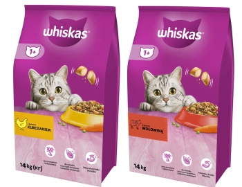 WHISKAS Στεγνή τροφή για γάτες 1+ με μοσχάρι 14kg + WHISKAS Száraz macskatáp 1+ csirkével 14kg