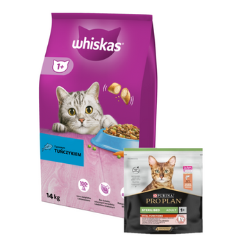 WHISKAS Ξηρή τροφή για γάτες 1+ με τόνο 14kg + PRO PLAN Τροφή για γάτες ενηλίκων 400g - τυχαία παράδοση