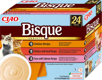 INABA Cat Ciao Bisque - συμπληρωματική τροφή για γάτες, κρεμώδης σούπα με κοτόπουλο, μοσχάρι και ψάρι 24x40g