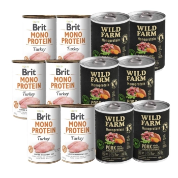 BRIT Μονοπρωτεϊνική γαλοπούλα 6x400g + Χοιρινό μονοπρωτεϊνικό κρέας Wild Farm 6x400g