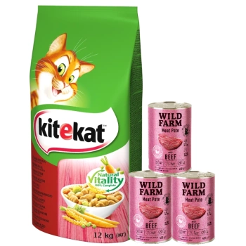 KITEKAT Ξηρή τροφή για γάτες με μοσχάρι και λαχανικά 12kg + WILD FARM Pate με μοσχάρι 3x400g