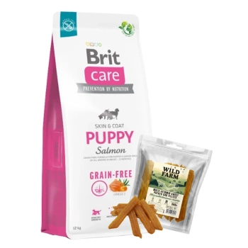 BRIT CARE Dog Grain-free Puppy Salmon 12kg + WILD FARM multivitamin yam fillets 500g dog treat