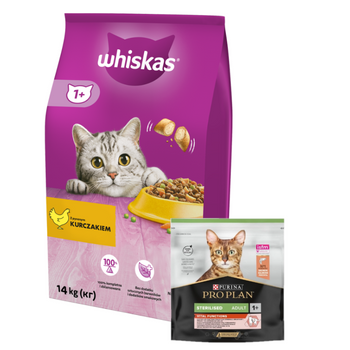WHISKAS Ξηρή τροφή για γάτες 1+ με κοτόπουλο 14kg + PRO PLAN Τροφή για γάτες ενηλίκων 400g - τυχαία παράδοση
