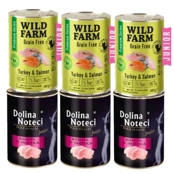 Dolina Noteci Premium Junior macskáknak, pulykahússal dúsított 3x400g + WILD FARM Premium gabonamentes pulykahús és lazac 3x400g