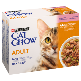 PURINA Cat Chow Τροφή για ενήλικες γάτες με σολομό και πράσινα φασόλια σε ζελέ 10x85 g