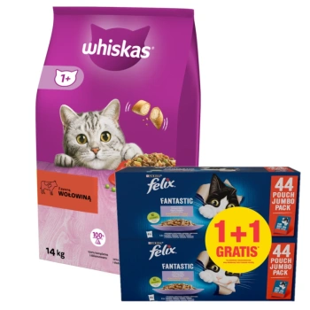 WHISKAS Ξηρά τροφή για γάτες 1+ με μοσχάρι 14kg + Felix σε ζελέ φακελάκι MEAT MIX 44x85g 1 +1 ΔΩΡΟ