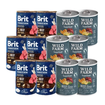 Brit Premium by Nature Beef with Tripe 6x400g + Wild Farm Superfood Beef 6x400g