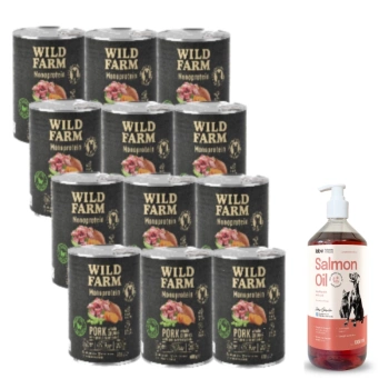 WILD FARM Monoprotein Pork 12x800g υποαλλεργική τροφή για σκύλους + Lab-V Salmon Oil 100% για σκύλους και γάτες όλων των ηλικιών 1000 ml Cold Pressed