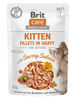 BRIT CARE  Cat Kitten Fillets  σε σάλτσα με αλμυρό σολομό εμπλουτισμένο με ιπποφαές και νεροκάρδαμο 85g