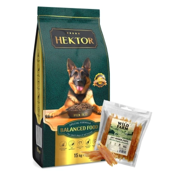 HEKTOR BALANCED Adult 15kg + WILD FARM μαλακές λωρίδες κοτόπουλου 500g λιχουδιές για σκύλους