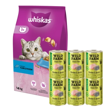 WHISKAS Ξηρά τροφή για γάτες 1+ με τόνο 14kg + WILD FARM Premium Grain Free Chicken and Sprats 6x400g