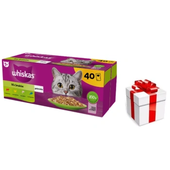 WHISKAS Adult σακουλάκια 40 x 85 g Mix Smaków - υγρή τροφή για ενήλικες γάτες, σε ζελέ (κομμάτια με: βοδινό κρέας, κοτόπουλο, σολομό, τόνο) + Δωρεάν έκπληξη για τη γάτα