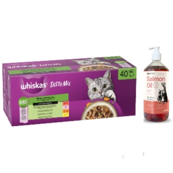 WHISKAS TASTY MIX υγρή τροφή για γάτες Chef's Choice σε σάλτσα 40 x 85 g + Λάδι σολομού Lab-V 100% Για σκύλους και γάτες όλων των ηλικιών 1000 ml Ψυχρής έκθλιψης