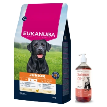 EUKANUBA Junior Large 15kg + Lab-V 100% σολομό λάδι για σκύλους και γάτες κάθε ηλικίας 1000 ml ψυχρής έκθλιψης