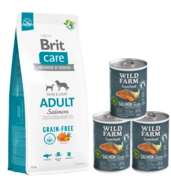 BRIT CARE Σολομός ενηλίκων χωρίς κόκκους 12kg + Σολομός Superfood άγριας φάρμας 3x400g