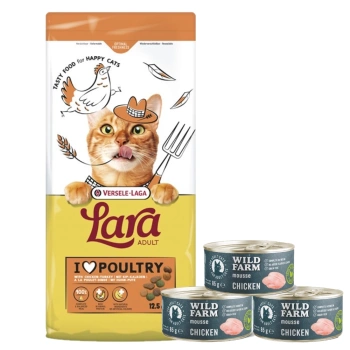 VERSELE-LAGA Lara Adult Turkey & Chicken 12.5kg - τροφή για ενήλικες γάτες με γαλοπούλα και κοτόπουλο + WILD FARM Mousse Chicken 3x85g