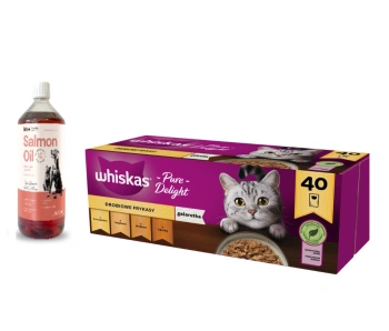 WHISKAS Adult σακουλάκια 40 x 85 g Φράουλα με πουλερικά - υγρή τροφή για ενήλικες γάτες, σε ζελέ (κομμάτια με: κοτόπουλο, γαλοπούλα, πουλερικά, πάπια) + Lab-V Έλαιο σολομού 100% για σκύλους και γάτες κάθε ηλικίας 1000 ml ψυχρής έκθλιψης