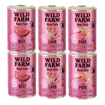 WILD FARM Pate με μοσχάρι, χοιρινό, αρνί 6x400g - τροφή για γάτες χωρίς γλουτένη
