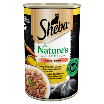 SHEBA can 400 g Nature's Collection - υγρή πλήρης τροφή για ενήλικες γάτες, κοκτέιλ πουλερικών με συκώτι και ιχθυέλαιο με γαρνιτούρα καρότου, σε σάλτσα