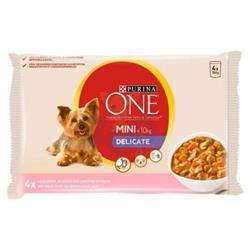 Purina One Mini Delicate τροφή για σκύλους με σολομό, ρύζι και καρότα σε σάλτσα 4x100g