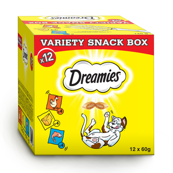 DREAMIES™ Variety Snack Box συμπλήρωμα διατροφής για γάτες (με γεύση κοτόπουλο, τυρί και σολομό) - 12x60g