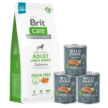 BRIT CARE Dog Grain-free Adult Large Breed Salmon 12kg + WILD FARM Superfood Salmon (Σολομός με κολοκυθάκια, γλυκοπατάτες και βότανα)3x 800g grain-free τροφή για σκύλους