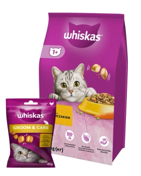 WHISKAS Ξηρά τροφή για γάτες 1+ με κοτόπουλο 14kg + WHISKAS Healthy Shine 45g - λιχουδιά για γάτες με κοτόπουλο