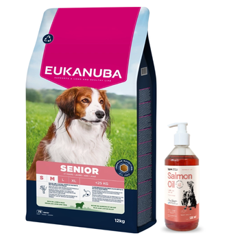 EUKANUBA Mature&Senior Small & Medium Breeds Lamb & Rice 12kg + LAB V Salmon Oil για σκύλους και γάτες 500ml